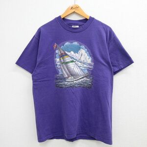 L/古着 ヘインズ 半袖 ビンテージ Tシャツ メンズ 00s 船 ヨット コットン クルーネック 紫 パープル 23may23 中古