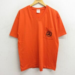 XL/古着 半袖 ビンテージ Tシャツ メンズ 80s THINK SAFETY 胸ポケット付き Vネック オレンジ 23jun21 中古