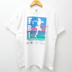 XL/古着 半袖 ビンテージ Tシャツ メンズ 90s FBI レクリエーション 企業広告 コットン クルーネック 白 ホワイト 23may23 中古