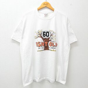 XL/古着 ヘインズ 半袖 ビンテージ Tシャツ メンズ 90s 木 OLD フロッキープリント 大きいサイズ クルーネック 白 ホワイト 23jul06 中