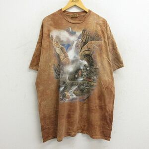 XL/古着 半袖 ビンテージ Tシャツ メンズ 90s 機関車 滝 大きいサイズ ロング丈 コットン クルーネック 茶他 ブラウン タイダイ 23jul1