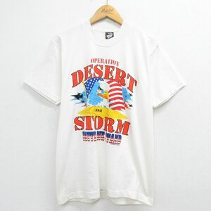 L/古着 半袖 ビンテージ Tシャツ メンズ 90s ワシ 星条旗 デザートストーム 湾岸戦争 クルーネック 白 ホワイト 23jul18 中古