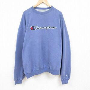 XL/古着 チャンピオン Champion 長袖 スウェット メンズ 00s ビッグロゴ 刺繍 大きいサイズ クルーネック 薄紺 ネイビー 23dec28 中古