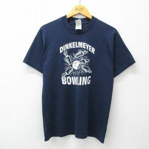 M/古着 半袖 ビンテージ Tシャツ メンズ 00s ボウリング クルーネック 紺 ネイビー 23jul14 中古