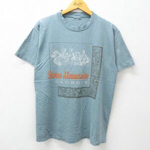 L/古着 半袖 ビンテージ Tシャツ メンズ 90s ジョージア 馬 クルーネック 薄紺 ネイビー 霜降り 23jul14 中古