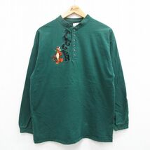 XL/古着 長袖 ビンテージ Tシャツ メンズ 90s ディズニー くまのプーさん ティガー 刺繍 コットン ヘンリーネック 緑 グリーン 23sep20_画像1