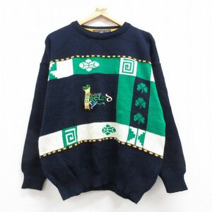 XL/古着 長袖 セーター メンズ 90s IReLand 刺繍 アクリル クルーネック 紺 ネイビー 23sep27 中古 ニット トップス