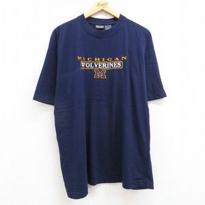 XL/古着 半袖 ビンテージ Tシャツ メンズ 00s ミシガン ウルヴァリンズ 刺繍 大きいサイズ コットン クルーネック 紺 ネイビー 23jul20