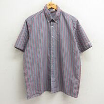 XL/古着 半袖 ワーク シャツ メンズ 90s ウェンディーズ ボタンダウン 薄紺他 ネイビー ストライプ 23aug21 中古 トップス_画像1