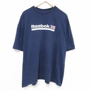 XL/古着 リーボック REEBOK 半袖 ブランド Tシャツ メンズ ビッグロゴ ユニオンジャック 大きいサイズ クルーネック 紺 ネイビー 23may