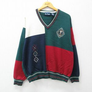 XL/古着 Par Four 長袖 セーター メンズ 90s ゴルフ マルチカラー クレイジーパターン コットン Vネック 紺他 ネイビー 23dec11 中古