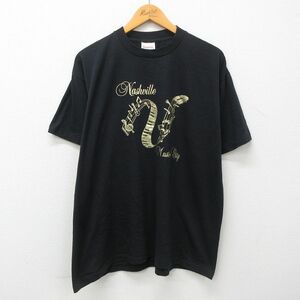 XL/古着 半袖 ビンテージ Tシャツ メンズ 80s ナッシュビル 音符 クルーネック 黒 ブラック 23mar11 中古