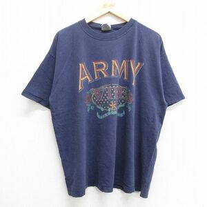 XL/古着 半袖 ビンテージ Tシャツ メンズ 90s ミリタリー アーミー ARMY バラ 大きいサイズ コットン クルーネック 紺 ネイビー 23mar1