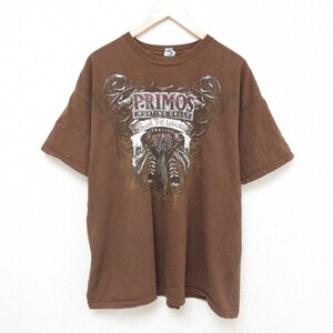 XL/古着 半袖 Tシャツ メンズ PRIMOS ハンティング 大きいサイズ コットン クルーネック 茶 ブラウン 23jul04 中古