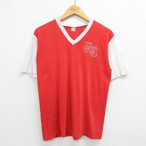 M/古着 半袖 ビンテージ Tシャツ メンズ 80s イリノイ シカゴ ツートンカラー Vネック 赤他 レッド 23apr07 中古