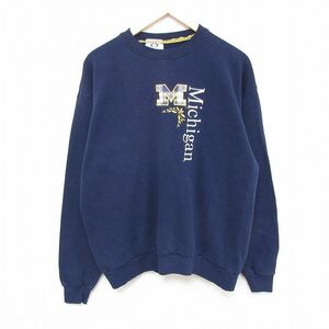 L/古着 長袖 スウェット メンズ 90s ミシガン 刺繍 クルーネック 紺 ネイビー 23oct27 中古 スエット トレーナー トップス