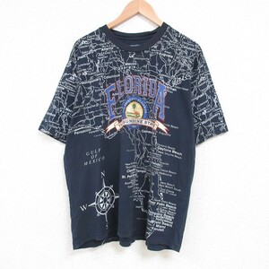 XL/古着 半袖 Tシャツ メンズ フロリダ 地図 全面プリント コットン クルーネック 黒 ブラック 23jul29 中古