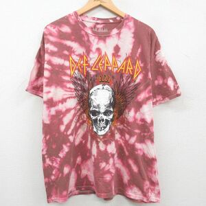 XL/古着 半袖 ロック バンド Tシャツ メンズ デフレパード コットン クルーネック エンジ系 ブリーチ加工 23jul31 中古