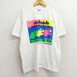 XL/古着 ヘインズ 半袖 ビンテージ Tシャツ メンズ 80s 魚 バハマ ヤシの木 クルーネック 白 ホワイト 23mar04 中古