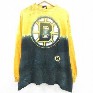 XL/古着 リキッドブルー 長袖 ビンテージ Tシャツ メンズ 00s NHL ボストンブルーインズ 大きいサイズ コットン クルーネック 黄色他