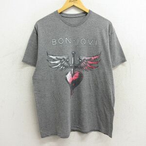 L/古着 半袖 ロック バンド Tシャツ メンズ ボンジョヴィ ボンジョビ クルーネック グレー 霜降り 23jul17 中古