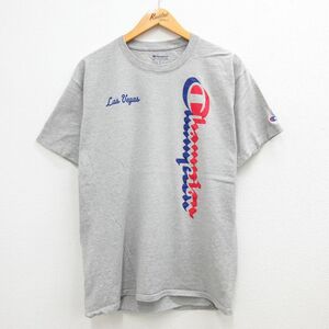 L/古着 チャンピオン champion 半袖 ブランド Tシャツ メンズ ラスベガス ビッグロゴ クルーネック グレー 霜降り 23may12 中古