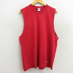 XL/古着 ラッセル ビンテージ ノースリーブ Tシャツ メンズ 80s 無地 コットン クルーネック 赤 レッド 23jun06 中古