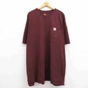 XL/古着 カーハート 半袖 ブランド Tシャツ メンズ 胸ポケット付き 大きいサイズ ロング丈 コットン クルーネック エンジ 23jun01 中古