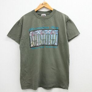 L/古着 半袖 ビンテージ Tシャツ メンズ 90s アレクサンドリアベイ ステンドグラス コットン クルーネック 濃緑 グリーン 23mar18 中古