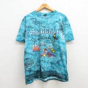 L/古着 半袖 ビンテージ Tシャツ メンズ 90s カリビアン 地図 船 魚 全面プリント コットン クルーネック 青他 ブルー タイダイ 23mar0