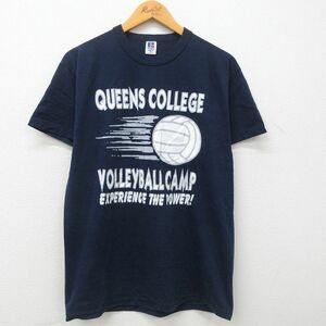 M/古着 半袖 ビンテージ Tシャツ メンズ 90s クイーンズ大学 バレーボール クルーネック 紺 ネイビー 23mar18 中古