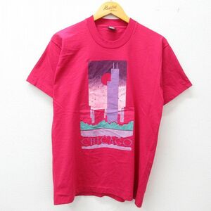 L/古着 半袖 ビンテージ Tシャツ メンズ 90s シカゴ ビル クルーネック 濃ピンク 23may06 中古