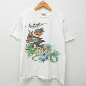 L/古着 半袖 ビンテージ ロック バンド Tシャツ メンズ 90s ジミーバフェット MARGARITAVILLE イグアナ 人魚 コットン クルーネック 白