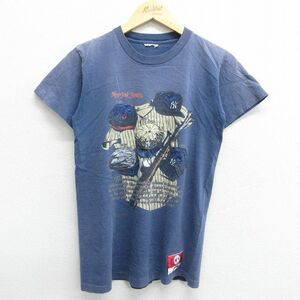 S/古着 半袖 ビンテージ Tシャツ メンズ 90s MLB ニューヨークヤンキース クルーネック 紺 ネイビー メジャーリーグ ベースボール 野球