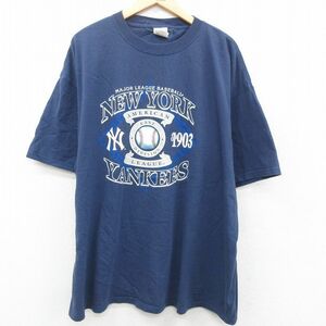 XL/古着 半袖 ビンテージ Tシャツ メンズ 00s MLB ニューヨークヤンキース 大きいサイズ コットン クルーネック 紺 ネイビー メジャー