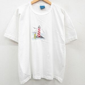 XL/古着 半袖 ビンテージ Tシャツ メンズ 90s 灯台 刺繍 コットン クルーネック 白 ホワイト 23may26 中古