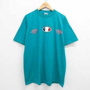 XL/古着 半袖 ビンテージ Tシャツ メンズ 90s HANG LOOSE ハワイ コットン クルーネック 青緑 spe 23jul06 中古