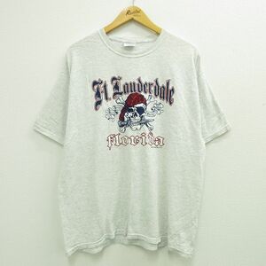 XL/古着 ヘインズ 半袖 ビンテージ Tシャツ メンズ 00s フォートローダーデール フロリダ スカル クルーネック 薄グレー 霜降り 23jul0