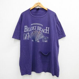 XL/古着 半袖 ビンテージ Tシャツ メンズ 90s ビロクシビーチ ミシシッピ コットン 大きいサイズ ロング丈 クルーネック 紫 パープル 2