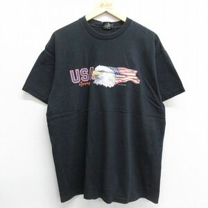 XL/古着 半袖 ビンテージ Tシャツ メンズ 00s USAロゴ ジョージア ワシ 星条旗 コットン クルーネック 黒 ブラック 23may01 中古