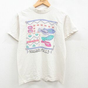 M/古着 半袖 ビンテージ Tシャツ メンズ 90s ナイアガラの滝 魚 コットン クルーネック 薄ベージュ カーキ 23jul17 中古