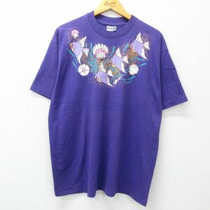 XL/古着 ヘインズ 半袖 ビンテージ Tシャツ メンズ 90s 魚 貝殻 クルーネック 紫 パープル 23jul17 中古