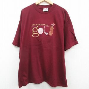 XL/古着 半袖 ビンテージ Tシャツ メンズ 90s ゴルフ 刺繍 大きいサイズ コットン クルーネック エンジ 23may31 中古