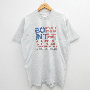 L/古着 半袖 ビンテージ Tシャツ メンズ 90s BORN IN THE USA 星条旗 クルーネック 薄グレー 霜降り 23may06 中古