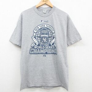 L/古着 マジェスティック 半袖 ビンテージ Tシャツ メンズ 00s MLB ニューヨークヤンキース ワールドシリーズ クルーネック グレー 霜