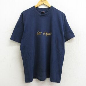 XL/古着 半袖 ビンテージ Tシャツ メンズ 90s サンディエゴ 刺繍 大きいサイズ コットン クルーネック 紺 ネイビー 23jun06 中古