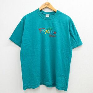 XL/古着 半袖 ビンテージ Tシャツ メンズ 00s フロリダ 刺繍 コットン クルーネック 青緑系 23jun06 中古
