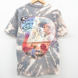 XL/古着 半袖 ビンテージ Tシャツ メンズ 90s 海賊 船 コットン クルーネック グレー他 ブリーチ加工 23sep04 中古