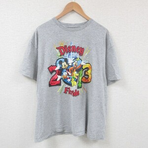 XL/古着 半袖 Tシャツ メンズ ディズニー DISNEY ミッキー ドナルド フロリダ 大きいサイズ クルーネック グレー 霜降り 23aug09 中古