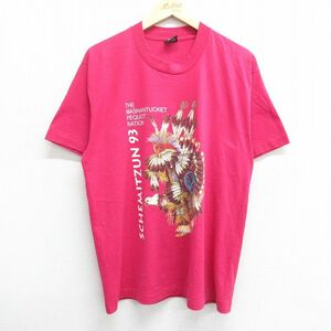 L/古着 半袖 ビンテージ Tシャツ メンズ 90s シェミツン インディアン クルーネック 濃ピンク spe 23jun14 中古